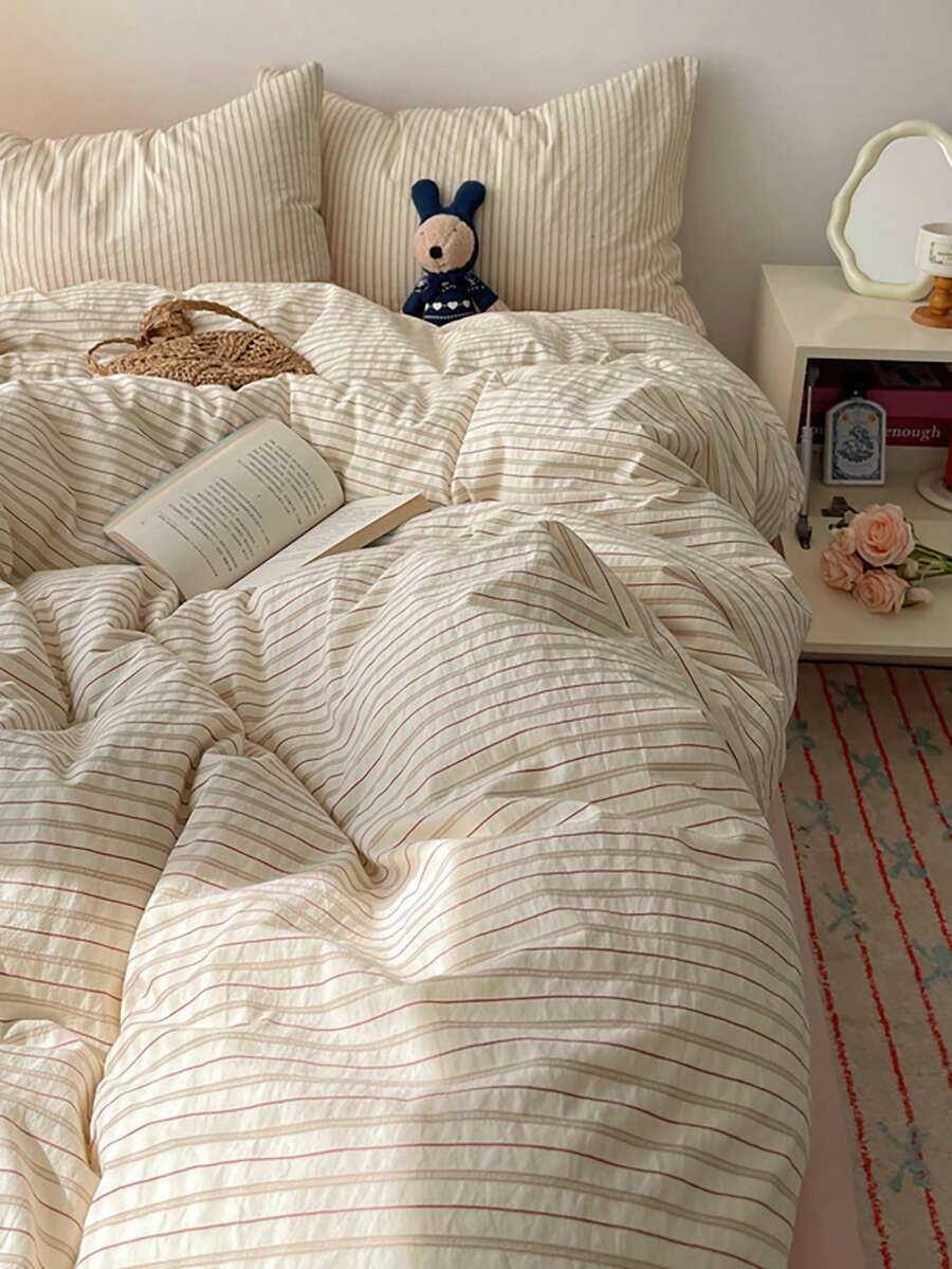 3 件套 100% 涤纶复古条纹印花羽绒被套套装，2 个枕套 + 1 个羽绒被套（无床单） - 彩色 - 查看 1