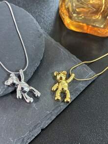 1 pieza Cadena de suéter de moda de dibujos animados, collar con colgante de oso agitando lindo de acero inoxidable, collar con colgante de oso feliz brillante y suave, adecuado para uso diario por niñas jóvenes