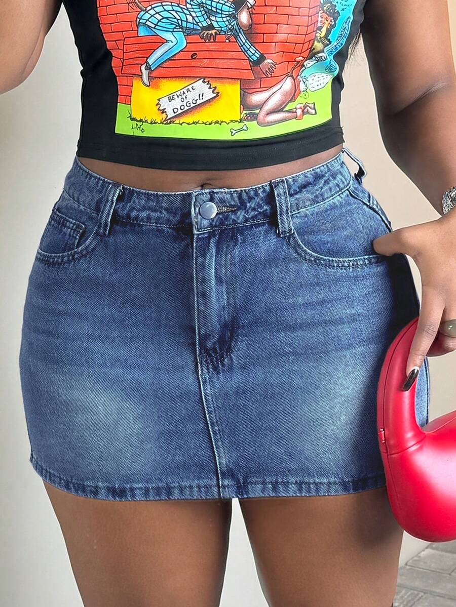 Damen Midi-Rock aus schwarzem Denim mit mittlerer Taille - Nicht dehnbar für elegante & sexy Lässig Zuhause