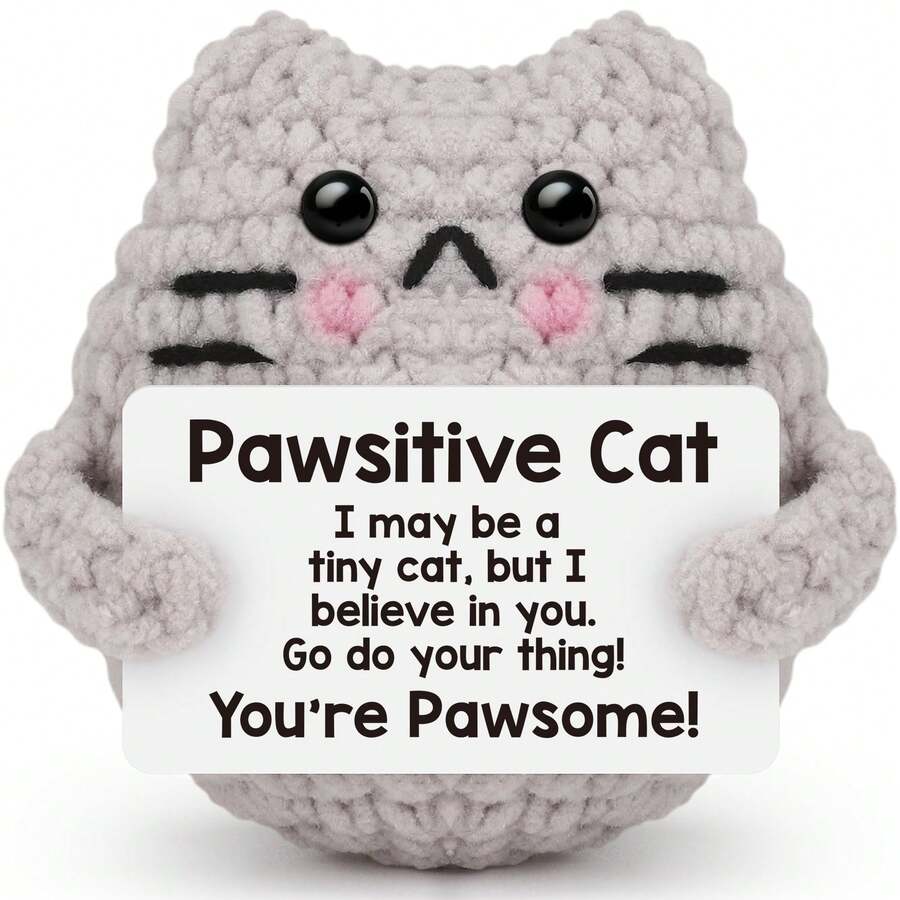 Positive Energy Crochet Cat Christmas Birthday Gift, Suitable For Both Men And Women; Mini Fun Positive Energy Penguin Shark Duck, Comes With Positive Energy Card; Back To School Desk Home Decor Gift For Friends And Colleagues, Emotional Inspirational Crochet Animal Gift Idea - Multicolor - View 1
