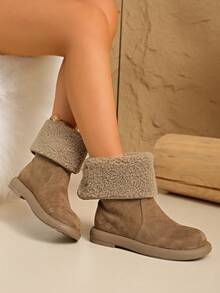 女士冬季保暖雪地靴，西式仿保暖内衬户外保暖靴，时尚短靴，带毛皮饰边，平底踝靴，金属扣闭合，双向穿着设计