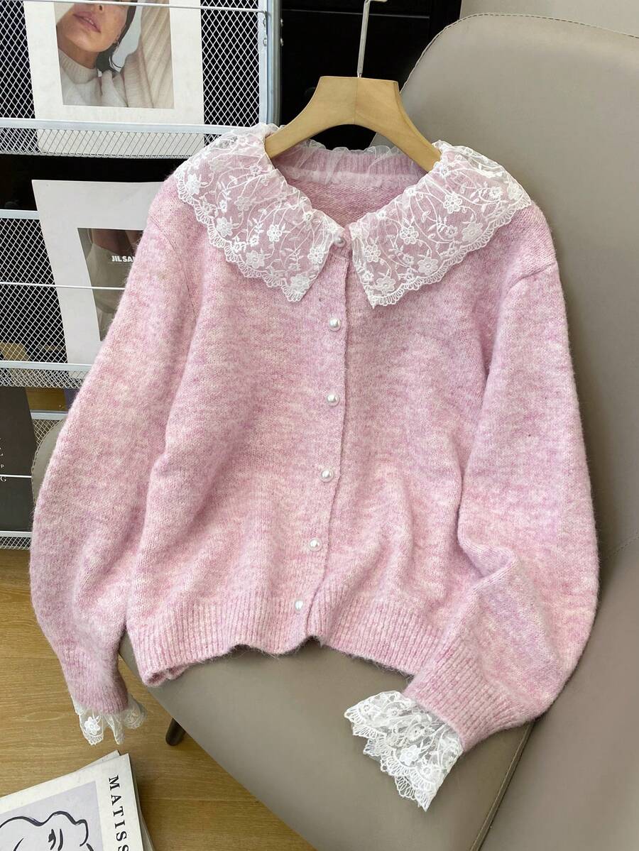 女士休闲简约蕾丝边纽扣长袖针织开衫，适合秋冬季穿着，粉色 - 粉色 - 查看 1
