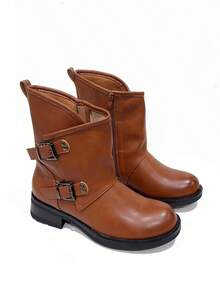 Bottines montantes style motard punk KESCA pour femme avec boucles, nouvelles bottines à talons bas pour l'automne et l'hiver, bottines  pour une tenue décontractée - Camel - Voir 8