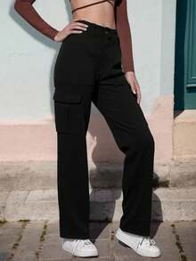 Jeans De Mezclilla Cargo Mujer Tiro Alto Corte Recto - Negro - Ver 3