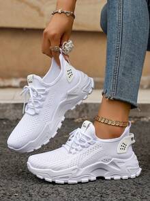 Women's Casual Sports Shoes, Mesh Fabric Soft Sole, Comfortable Non-Slip Durable Fashionable Versatile Sneakers - White - View 6