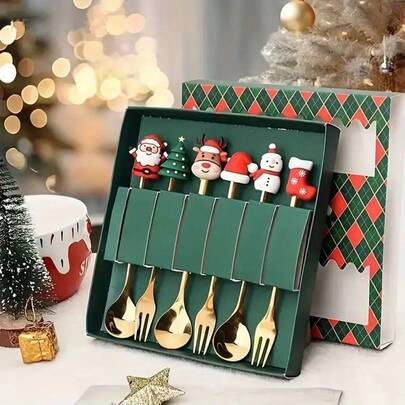 Christmas Portable Cutlery Set, Reusable Spoon And Fork With Storage Box, Suitable For Camping, Picnic And Daily Use, Kitchen, Christmas Gift
