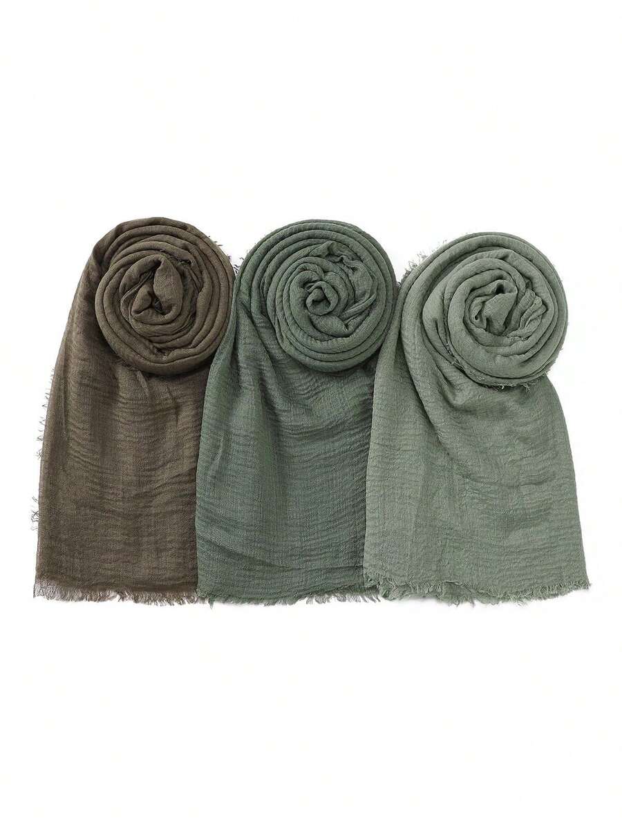 3pcs/Set Pleated Soft Chiffon Solid Color Muslim Headscarf For Women, Everyday Head Wrap Hijab Abaya - Army Green - View 1