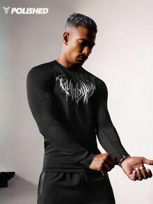 Acti Log 1pc Men's Contrast Color Print Long Sleeve Fitted Sports T-Shirt Compression Long Sleeve Rash Guard Graphic Compression Shirt Spandex Shirts Gym Tops Long Sleeve Breathable Comfortable Slim Fit For Gym Training Compression Performance T-Shirt - Black - View 6