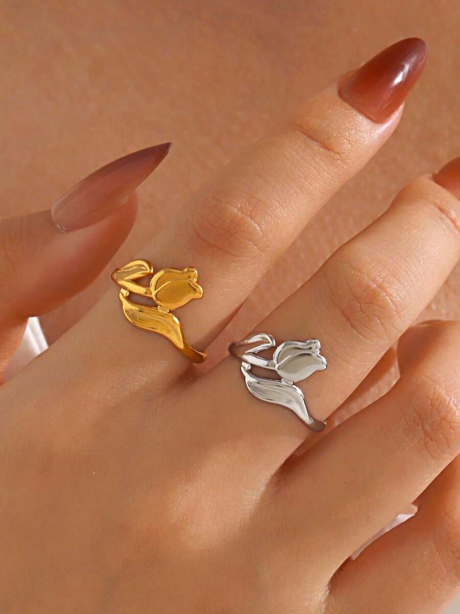 1pc Stainless Steel Minimalist Floral Tulip Design Ring, Suitable For Women's Daily Wear