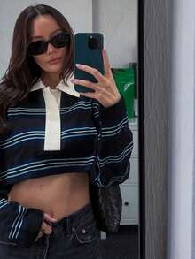 Women's Oversized Striped Crop Tops Long Sleeve Collared T Shirt Preppy Golf Shirts - 拼花色 - 查看 4