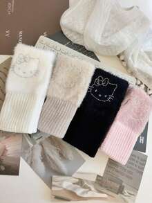 Sanrio Cute Kitty Cat Plush Half Finger Gloves For Women, Thick Warm Cycling Writing Wrist Gloves For Winter Thanksgiving Christmas Winter Holiday Outfit Women+Winter Gear+Gloves Bear+Christmas