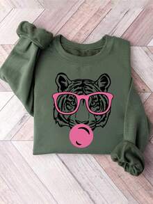 1pc Tween Girl Casual Printed Pullover Crew Neck Sweatshirt, Autumn/Winter Student Young Clothing Long Sleeve Thick Top , Eyeglasses Tiger Print - Green - View 8