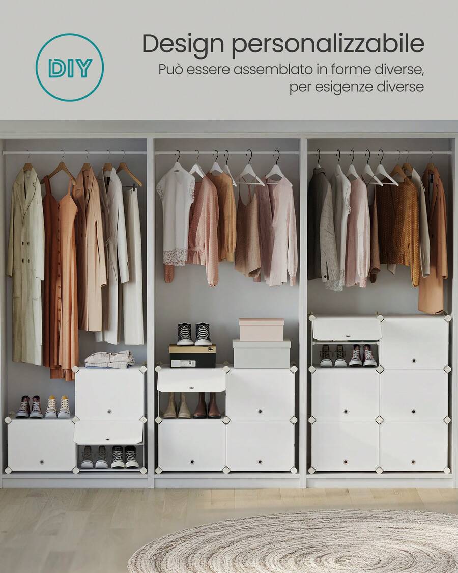 Scarpiera, Scaffale Modulare a 12 Scomparti per 48 Paia di Scarpe da Ingresso, con Sportelli, Telaio in Acciaio e Ripiani in Plastica, Camera da Letto, Bianco Nuvola - Bianco - Visualizzare 1
