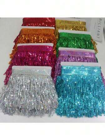 2 /10Yards 15CM Sequin Fringe Lace Trims Paillette Ribbon Tassel Fabric Latin Dance Costume Dress Curtain Stage Lace DIY Craft(Bulk Cargo Without Paper Jam)