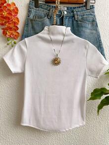 Short Sleeve High Neck Crop Top - Cream - View 2