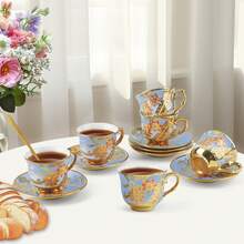 6-Piece Floral Ceramic Tea Cup Set With Saucers | 3.5oz Espresso Cappuccino Coffee Cups | Elegant Tea Party Gift For Women Mothers Day - 藍色 - 查看 9