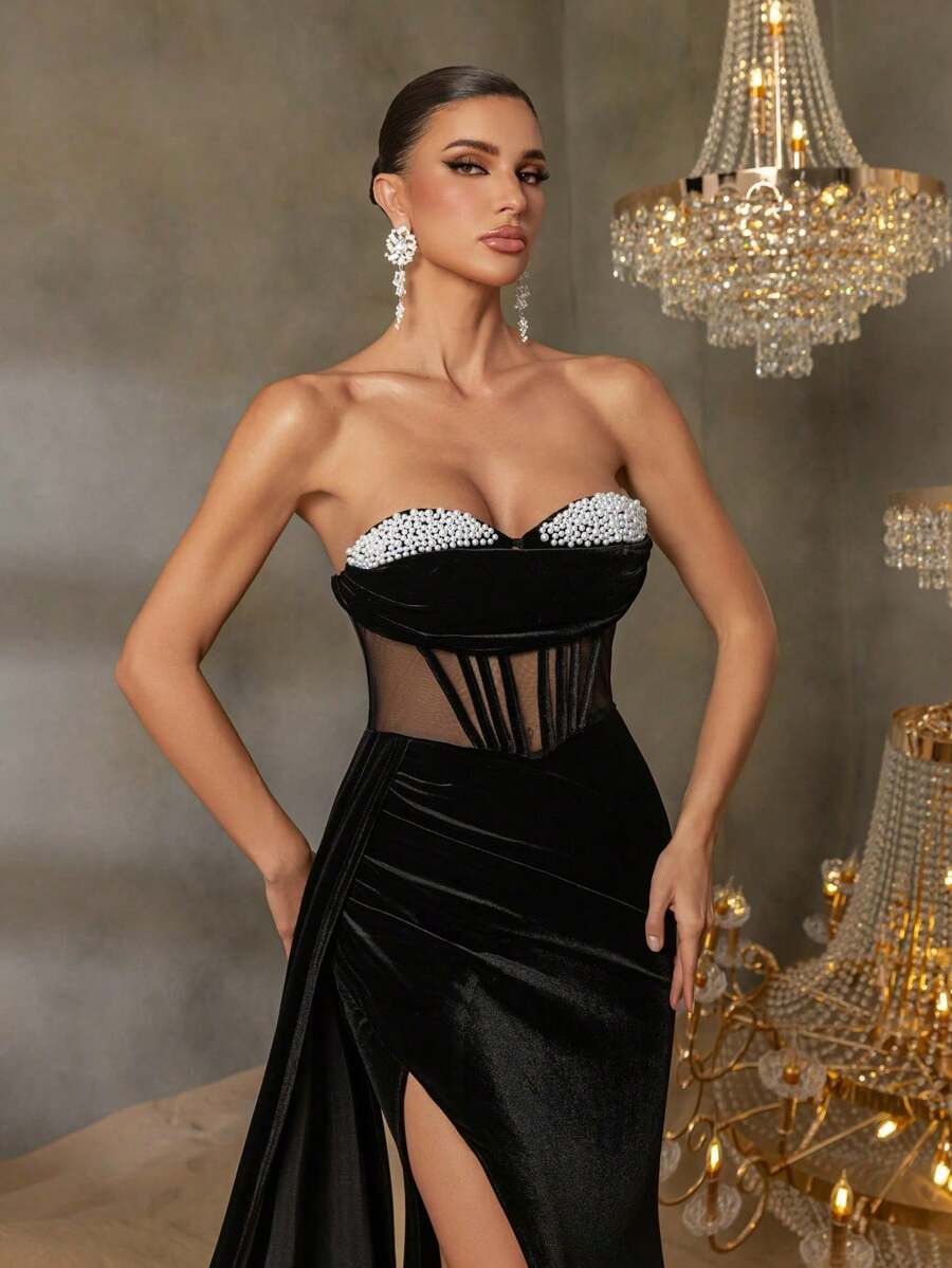 优雅无肩带珍珠装饰美人鱼晚礼服，高开衩设计，女士正式宴会礼服，采用透视网纱拼接，修身剪裁，鱼尾裙摆，适合红毯活动、婚礼、颁奖典礼、歌剧之夜、婚宴等场合。 - 黑色 - 查看 1