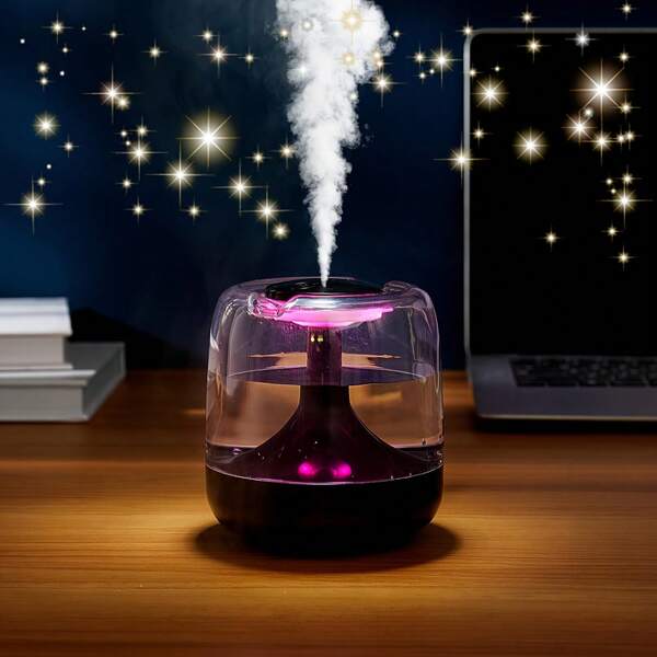 1pc 650ml Colorful Transparent Humidifier, Continuous And Intermittent Two Gear Spray, Seven Color Night Light, Controllable Light, Can Add Essential Oil, Suitable For Living Room, Bedroom, Office And Other Scenes,USB Powered