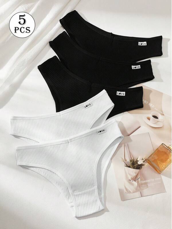 5pcs Briefs Panties Ribbed Knickers Women's High Elastic Underpants Panty Solid Color Underwear Letter Design Lingerie Low-Waist