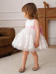 Baby Girls' Pink Bow Tulle Party Dress, Elegant & Cute Princess Dress, Suitable For Baby Girl's 1st Birthday, Wedding, Party, Holiday Celebration - White - View 7