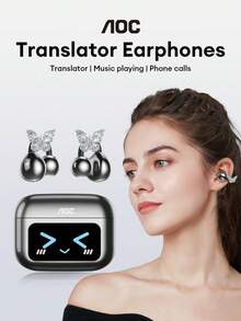 AOC ACD3521 Fashionable Bluetooth Earphones With Butterfly Earphone Accessories, Clip-On Earphones, AI Smart Translation Earphones, Touchscreen, Multifunctional Color Screen, Multilingual, HIFI Sound Quality, Business, Learning, Translation, Music, Gaming, Sports, No Ear Piercing, Fashionable Earrings, Women's Gift
