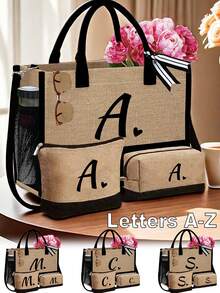 A-Z字母黑色帆布/亚麻手提袋，带化妆包，个性化礼品袋，适合婚礼、生日、海滩、度假、上学等场合，是送给女性、妈妈、老师、朋友、伴娘、学生的绝佳礼物。大容量手提袋，简约设计，便携休闲收纳袋。 - 彩色 - 查看 2