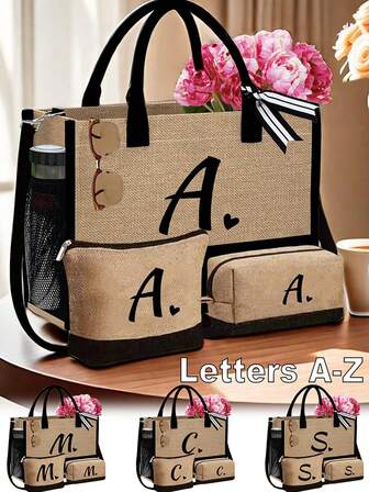 黑色字母 A-Z，首字母黄麻/帆布手提袋，附赠化妆袋，可作为个性化礼物袋，适合婚礼、生日、海滩、度假、上学等场合，是送给女性、妈妈、老师、朋友、伴娘、学生的绝佳礼物。大容量手提袋，简约大容量，便携休闲收纳袋。