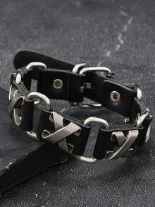 1 pieza Brazalete de cuero de estilo punk personalizado, accesorio de muñequera de cuero con remaches de calavera minimalista y feroz de estilo hip hop - Negro - Ver 7