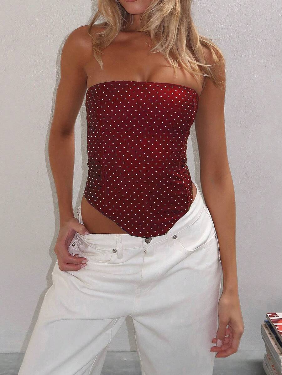 女士时尚新款优雅波点基础款性感抹胸，无缝设计，四季皆宜 - 酒紅色 - 查看 1