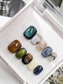 10片暖棕色渐变米色手绘条纹粉色蝴蝶结水钻猫眼按压式短款假指甲，适合秋冬季日常佩戴，颜色可爱亮丽，可卸除，适合女性和女孩，带收纳盒 - 彩色 - 查看 3