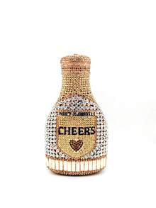 Women's Champagne Bottle Rhinestone Clutch - Sparkling Crystal Inlaid Evening Purse, All Handmade Metal BlingBling Handbag With Heart & Cheers Letters, Elegant Luxury For Parties/Banquets/Prom/Wedding Bride, Gift With Box - Champagne - View 11