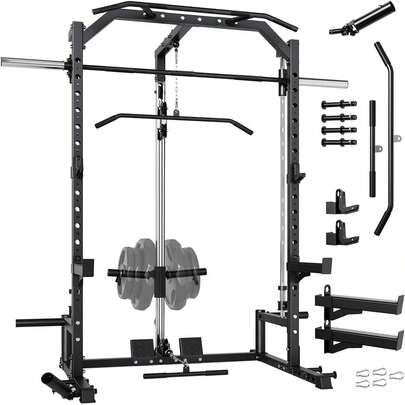 Smith Machine Home Gym With LAT-Pull Down System, Landmine, Barbell Bar, Safety Spotter Arms, J Hooks, Plate Storage Pegs And More Training Attachments, Squat Rack For Full Body Training