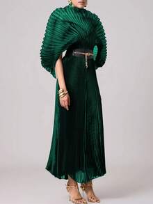 Magic Mia Naija Style Black Pleated Maxi Dress - Elegant Mesh Formal Gown With Stretchy Maternity Waist, Nigerian Wedding Guest Dress For Photoshoots/Birthday Parties/African Events (Long Sleeve) - 綠色 - 查看 3