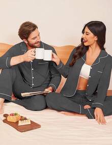 Couple Matching Pajamas 100% Cotton Long Sleeve Sleepwear Button Down Loungewear Pjs Set S-XXLhalloween - 深灰色 - 查看 8