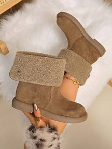 女士冬季保暖雪地靴，西式仿保暖内衬户外保暖靴，时尚短靴，带毛皮饰边，平底踝靴，金属扣闭合，双向穿着设计