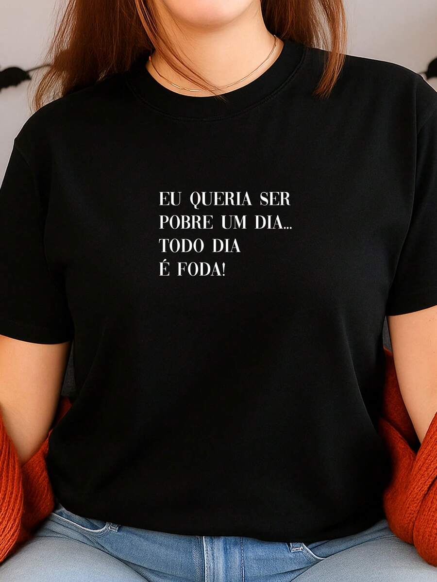 Women's Babylook Printed T-Shirt Phrases I Wish I Was Poor All Day 100% Cotton Various Funny Phrases - 黑色 - 查看 1