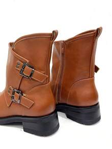 Bottines montantes style motard punk KESCA pour femme avec boucles, nouvelles bottines à talons bas pour l'automne et l'hiver, bottines  pour une tenue décontractée - Camel - Voir 9