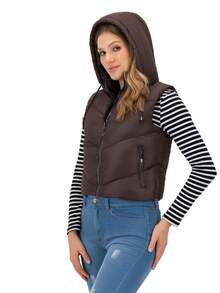 SAKERS OUTDOOR CLOTHING Chaleco informal de cuello alto para mujer, con bolsillos con cremallera, largo regular, tejido revestido, ligeramente elástico Chaleco Acolchado Dama Invierno Casual Moda, Capucha Sakers - Marrón - View 4
