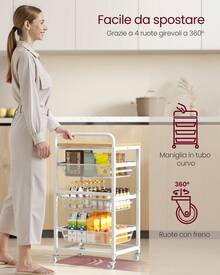 Carrello da Cucina a 4 Ripiani, con Cesti Scorrevoli, Carrellino da Cucina con Rotelle, con Maniglia, 31,7 x 40 x 76 cm, Rovere Dorato e Bianco Opaco - Bianco - Visualizzare 4