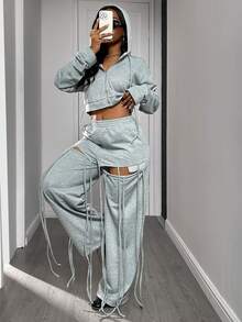 Women 2 Pieces Set Casual Hooded Long Sleeve Zip-Up Jacket And Flare Leg Ripped Fringe Decorated Pants With Pocket, Suitable For Autumn/Winter