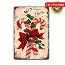 1pc Vintage Christmas Metal Wall Decor - Candy Cane, Holly Berries & Red Ribbon Bow - Heavy-Duty Metal Holiday Sign For Indoor/Outdoor - No Wiring Needed - Perfect Christmas Gift - 12x8 Inches (30x20cm) - Farmhouse, Retro, Classic Holiday Decoration, Festive Room Accent, Retro Festive Design, Weathered Finish - 彩色 - 查看 3