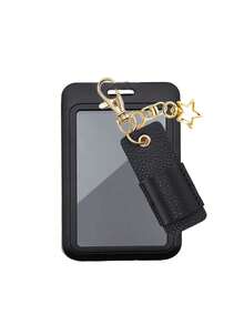Elegante portacartas negro con clip de cuero y cadena de metal - Detalles con encanto de estrella, protege tus tarjetas escolares y de oficina con estilo, protector de credencial durable con cierre , accesorio portátil para uso diario, oficina, transporte y regalos, tarjetas de comida, control de acceso al transporte público y metro, perfecto para volver al trabajo y la temporada de regalos navideños