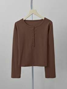 性感V领长袖修身短款上衣 - 咖色 - 查看 2