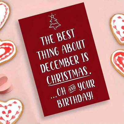 1pc "Christmas & Birthday In December" Greeting Card With Envelope - Red Festive Design Card For Dual Occasions, Expressing Warm Holiday & Birthday Cheers, Perfect For Pals & Adults, Christmas/Birthday Keepsake Gift