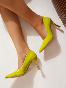 1 Pair Pointed Toe Stiletto High Heels, PU Leather Fashion Party Shoes With Metal Trim, Suitable For Parties All Year Round