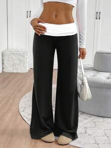 Fold Over Yoga Pants For Women Wide Leg Workout Sweatpants Y2k Striped Lounge Pants - 黑色 - 查看 5