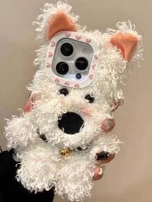 可爱蓬松卷毛狗毛柔软硅胶手机壳适用于 14/16/16 Pro/16 Pro Max/17，秋冬 - 白色 - 查看 6