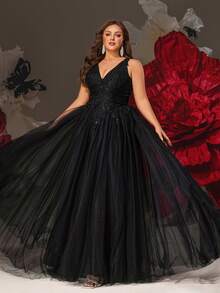 VIPGIRL Elegante vestido de noche largo de tul negro con escote en V y lentejuelas en talla grande, vestido de baile fluido, vestido de invitada de boda, vestido de fiesta de cumpleaños, encantador vestido de gala formal - Negro - Ver 4