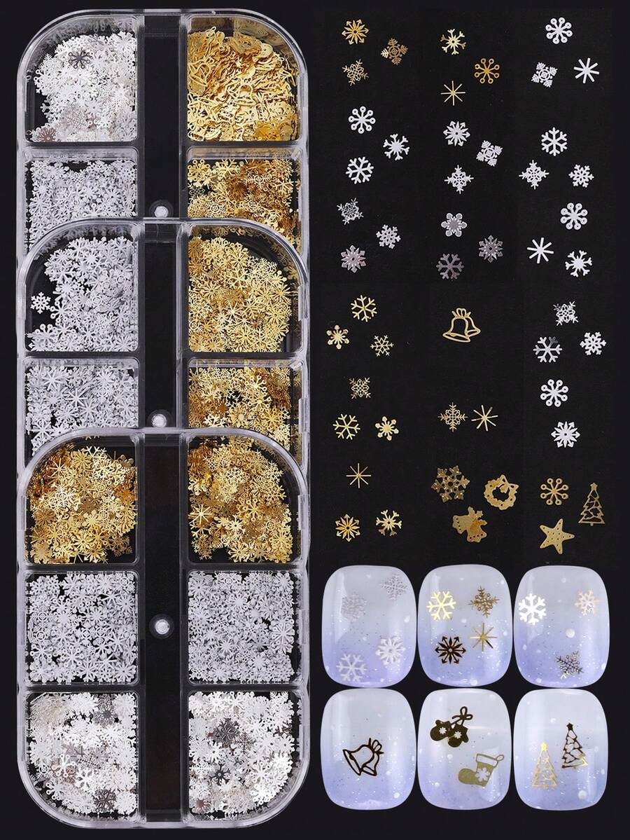 6件套圣诞雪花美甲装饰，3D金属薄片霜花美甲亮片，DIY珠宝美甲装饰，冬季圣诞新年美甲配件 - 彩色 - 查看 1
