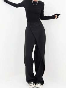 Women's Wide Leg Suit Pants, Loose Black Trousers, Asymmetrical Straight Leg Pants, Fashionable Casual Thin Dress Pants For Spring/Summer